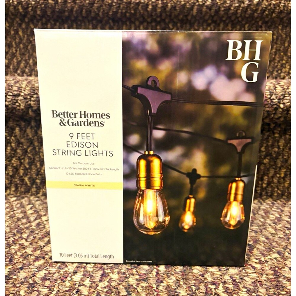 Better Homes & Gardens 9ft Edison LED String Lights Warm White Outdoor IP65